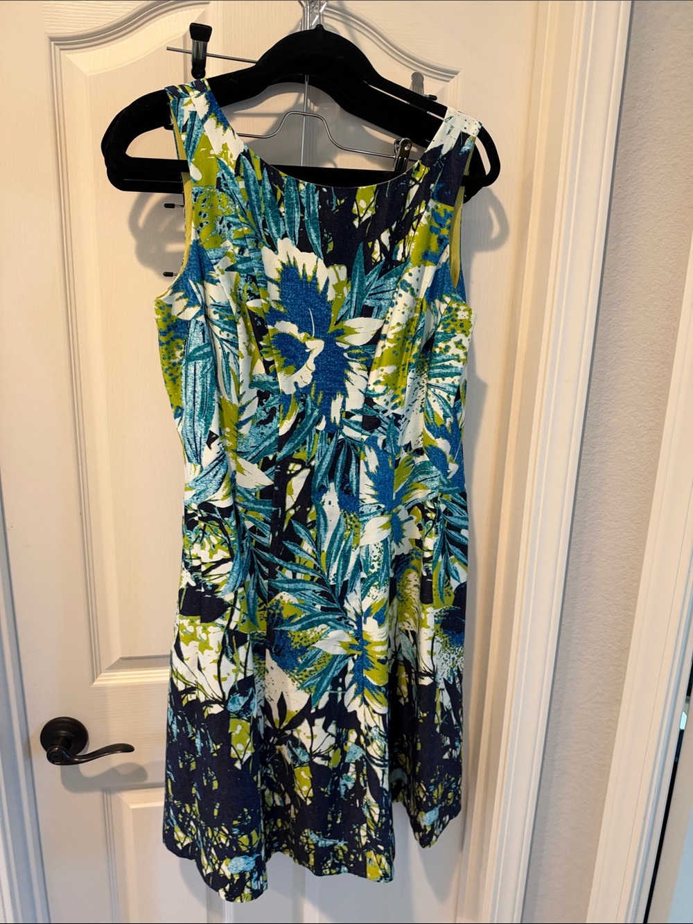 Nine West Sleeveless Floral A-Line Dress in Teal & Lime
